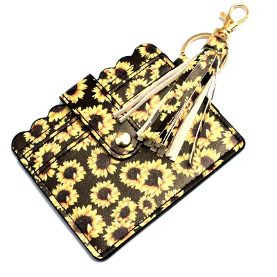 Women Fashion Creative Snake Pattern Plaid Sunflower Printed Wallet Tassel Keychain