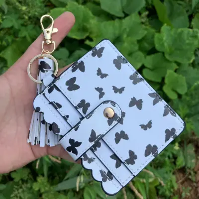 Women Fashion Creative Snake Pattern Plaid Sunflower Printed Wallet Tassel Keychain