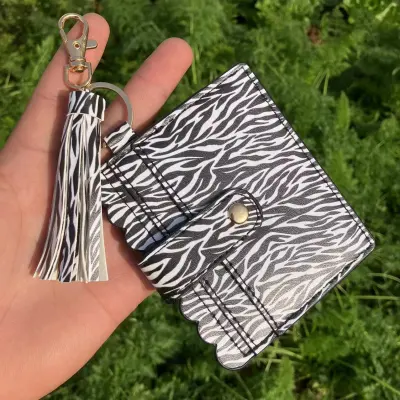 Women Fashion Creative Snake Pattern Plaid Sunflower Printed Wallet Tassel Keychain