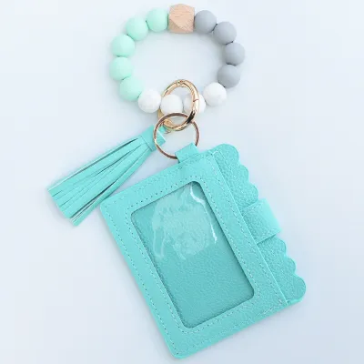 Women Fashion Multicolor Silicone Beads PU Card Case Keychain