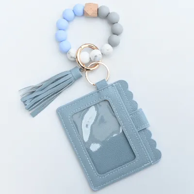 Women Fashion Multicolor Silicone Beads PU Card Case Keychain