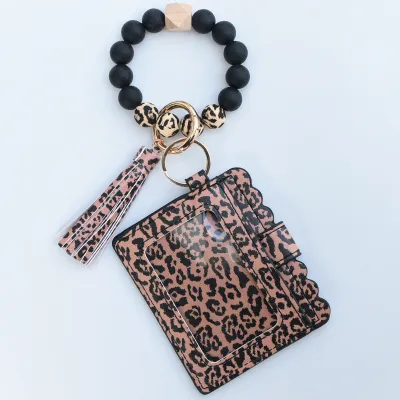 Women Fashion Multicolor Silicone Beads PU Card Case Keychain