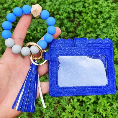 Women Fashion Multicolor Silicone Beads PU Card Case Keychain