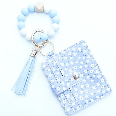Women Fashion Multicolor Silicone Beads PU Card Case Keychain