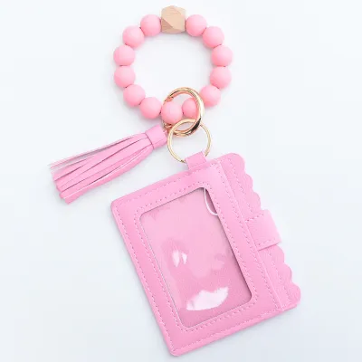 Women Fashion Multicolor Silicone Beads PU Card Case Keychain