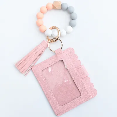 Women Fashion Multicolor Silicone Beads PU Card Case Keychain