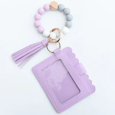 Women Fashion Multicolor Silicone Beads PU Card Case Keychain