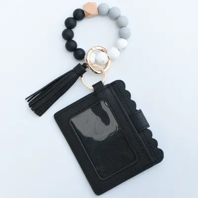 Women Fashion Multicolor Silicone Beads PU Card Case Keychain
