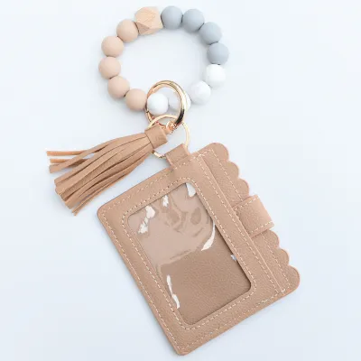 Women Fashion Multicolor Silicone Beads PU Card Case Keychain