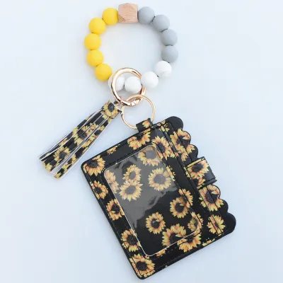 Women Fashion Multicolor Silicone Beads PU Card Case Keychain