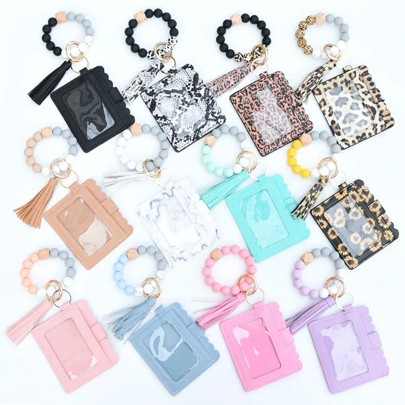 Women Fashion Multicolor Silicone Beads PU Card Case Keychain
