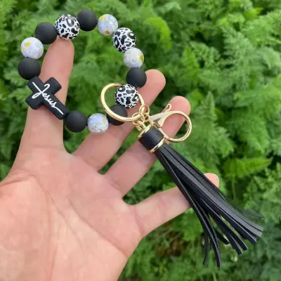 Women Fashion Leopard Beaded Silicone Cross Tassel Keychain