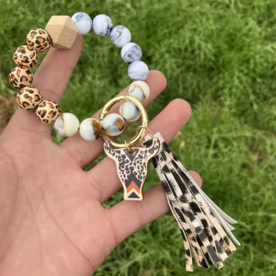 Women Fashion Leopard Beaded Silicone Cross Tassel Keychain