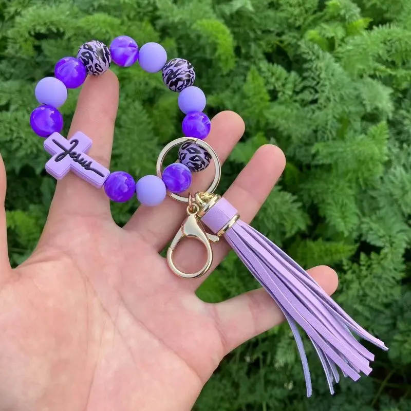 Women Fashion Leopard Beaded Silicone Cross Tassel Keychain