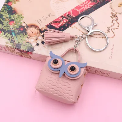 Women Cartoon Cute Mini Owl PU Leather Wallet Keychain