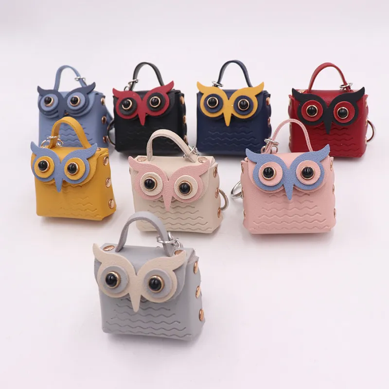 Women Cartoon Cute Mini Owl PU Leather Wallet Keychain