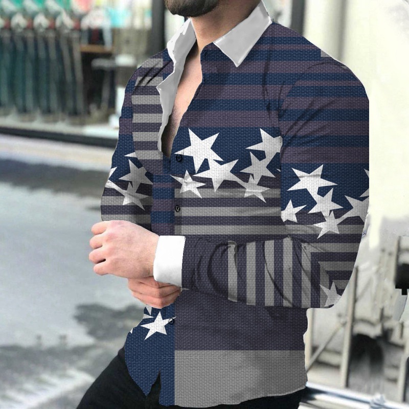 ボウリングシャツ メンズ　Lサイズ ビンテージ　サンタモニカ Wholesale Men Fashion Casual 3D Star Stripe Print Long