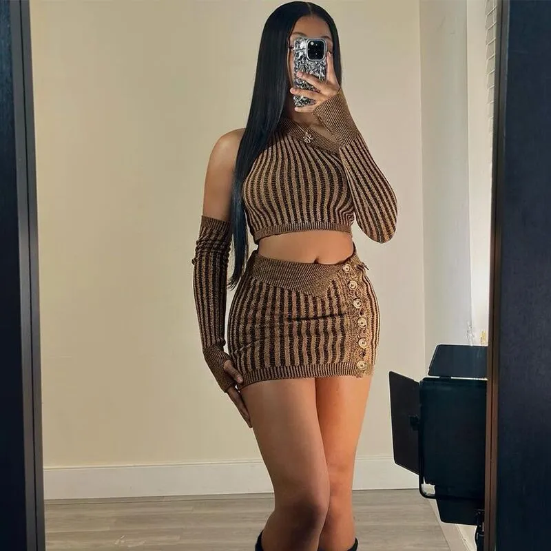 Women Fashion Slant Shoulder Knit Top And Skirt Set