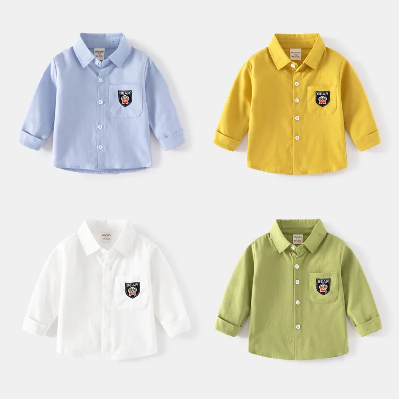 Kids Toddler Boys Casual Cartoon Bear Pattern Long Sleeve Lapel Shirt