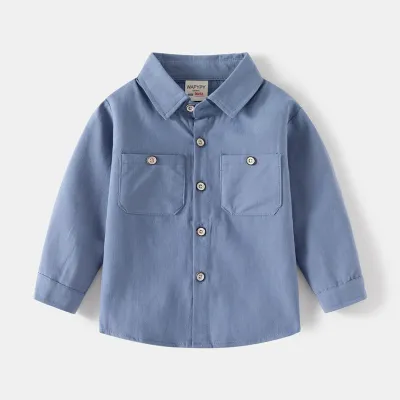 Kids Toddler Boys Fashion Casual Basic Solid Color Long Sleeve Square Collar 100% Cotton Shirt