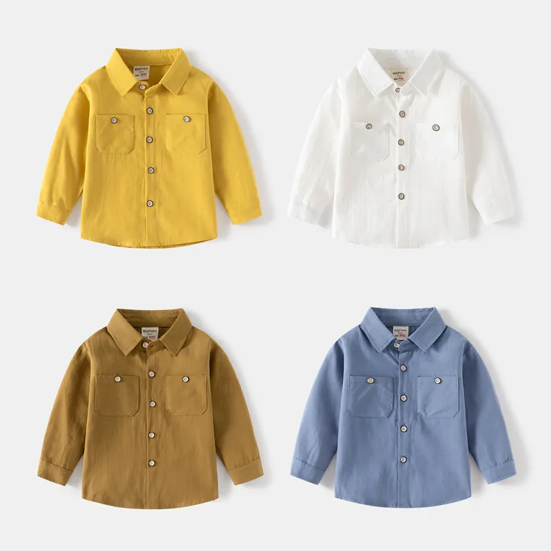 Kids Toddler Boys Fashion Casual Basic Solid Color Long Sleeve Square Collar 100% Cotton Shirt
