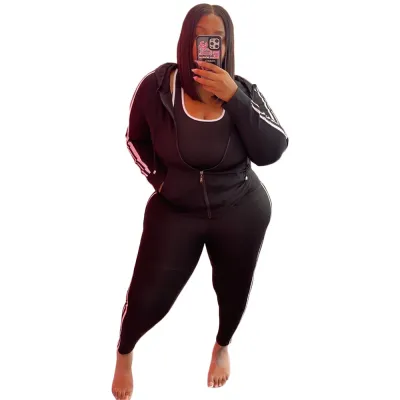 Women Plus Size Solid Color Zipper Long Sleeve Top Tight Pants Two-Piece Set