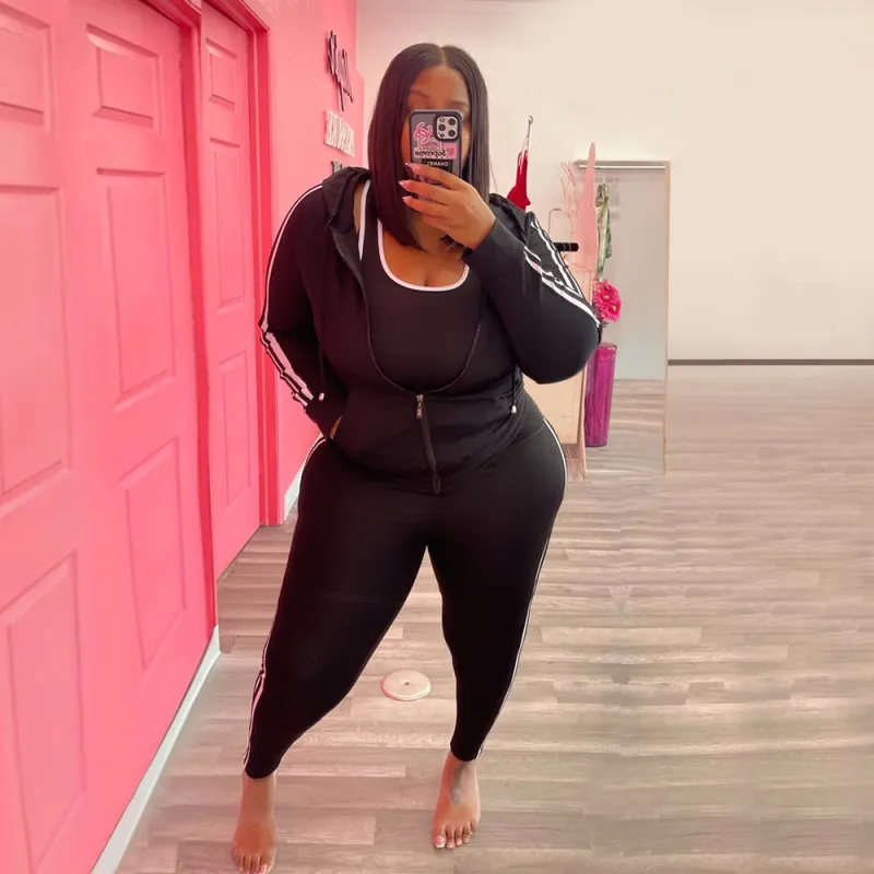 Women Plus Size Solid Color Zipper Long Sleeve Top Tight Pants Two-Piece Set
