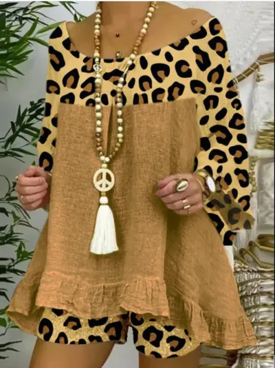 Women Casual Leopard Print Top Shorts Set Elegant Style