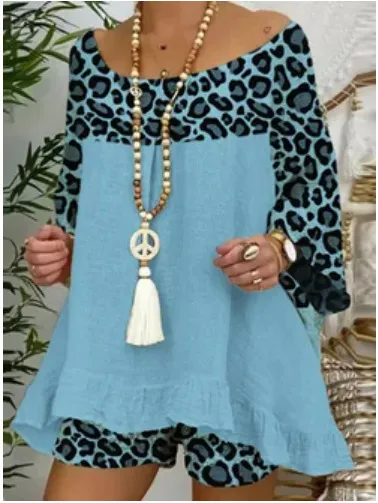 Women Casual Leopard Print Top Shorts Set Elegant Style
