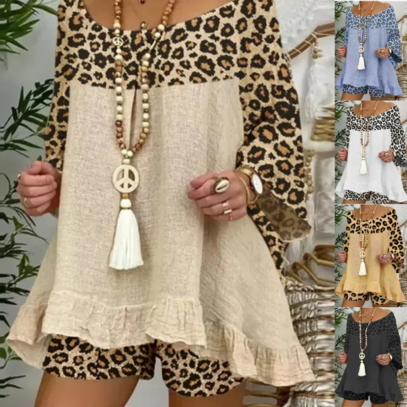 Women Casual Leopard Print Top Shorts Set Elegant Style