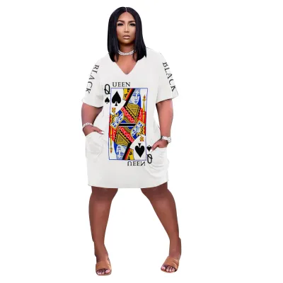Women Fashion Queen Poker Print V-Neck Short Sleeve Princess Dress