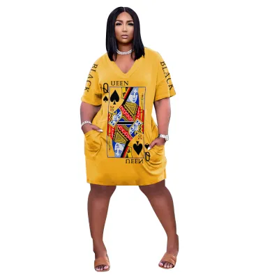 Women Fashion Queen Poker Print V-Neck Short Sleeve Princess Dress