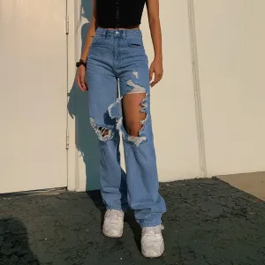 Women Fashion Casual High Waist Ripped Jeans