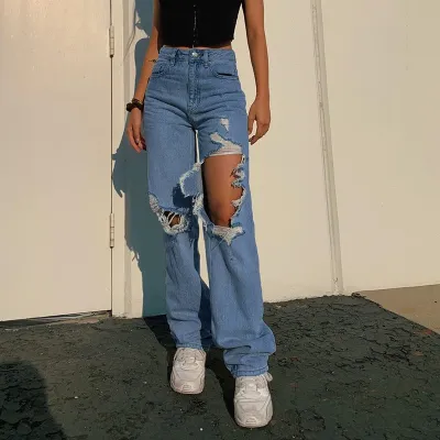 Women Fashion Casual High Waist Ripped Jeans