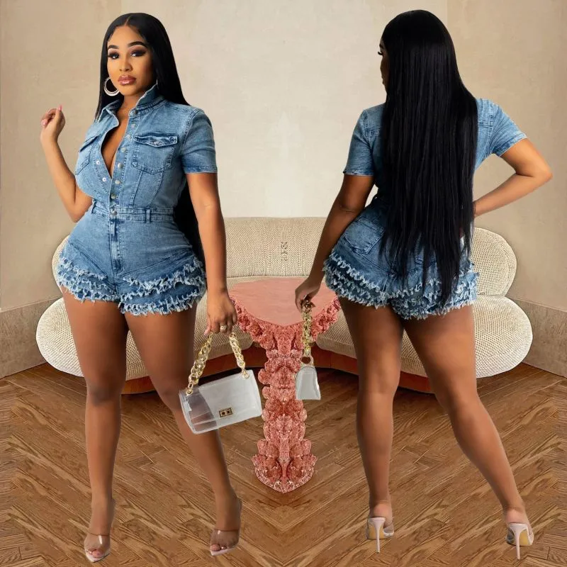 Summer Women's Button Short Sleeve Denim Romper High Waist Straight Leg