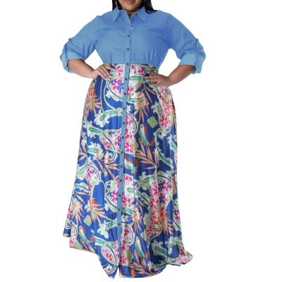 Women Plus Size Fashionable Lapel Single-Breasted Long Sleeve Maxi Dress