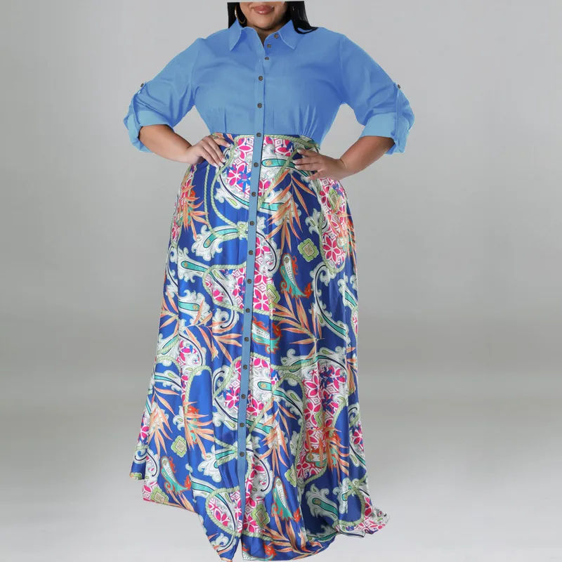Women Plus Size Fashionable Lapel Single-Breasted Long Sleeve Maxi Dress