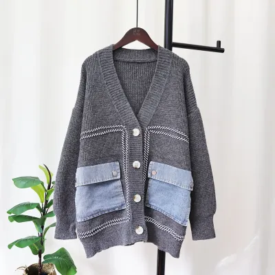 Women Plus Size Autumn Winter Loose Stitching Denim Knit Cardigan