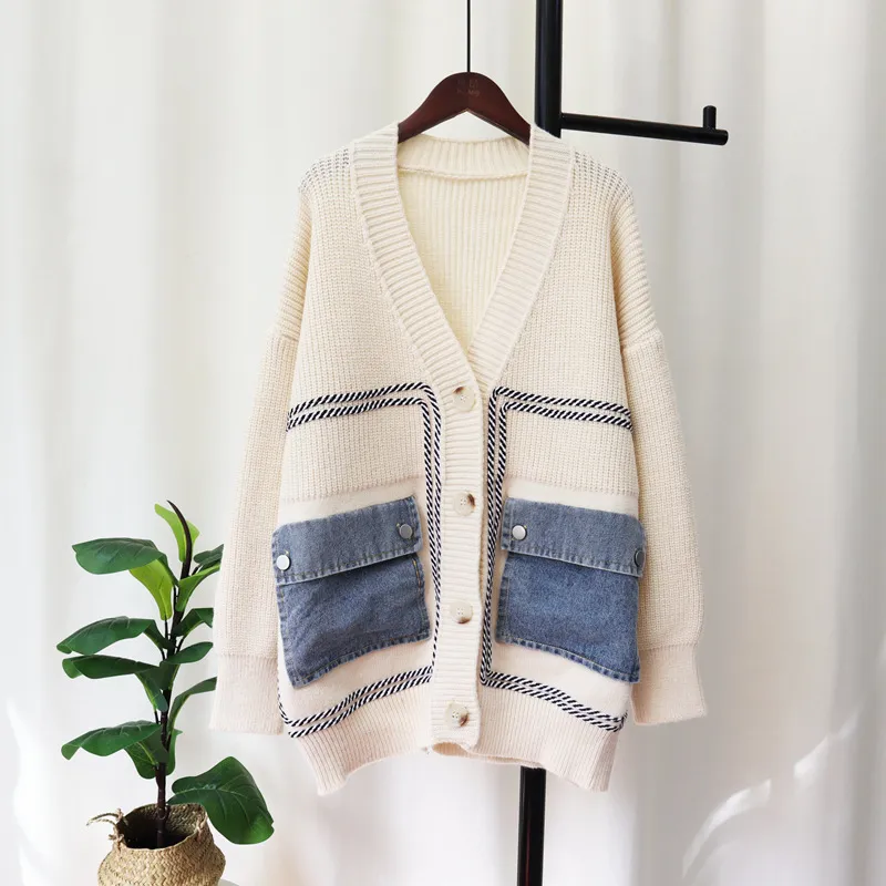 Women Plus Size Autumn Winter Loose Stitching Denim Knit Cardigan