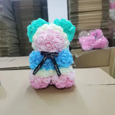 Valentine Day Cartoon Gradient Handmade Foam Roses Bear Ornaments for Party Gift