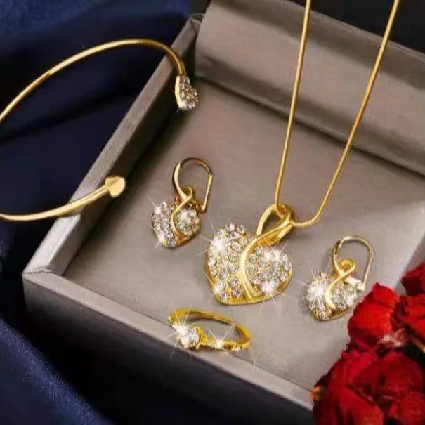 Women Fashion Creative Heart-Shaped Rhinestone Necklace Earrings Ring Bracelet Set
