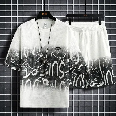 Men Plus Size Casual Sports Letters Print Waffle Short Sleeve Round Neck T-Shirt Shorts Set