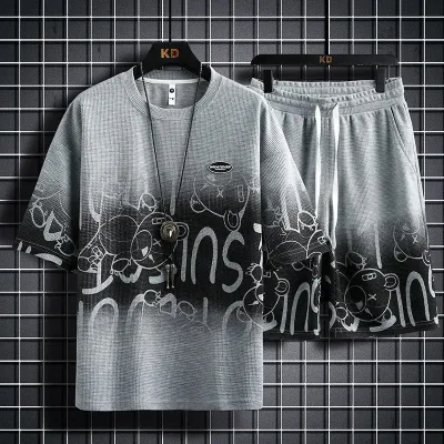 Men Plus Size Casual Sports Letters Print Waffle Short Sleeve Round Neck T-Shirt Shorts Set