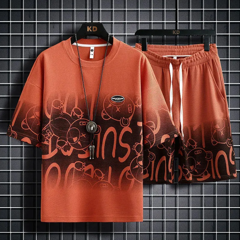Men Plus Size Casual Sports Letters Print Waffle Short Sleeve Round Neck T-Shirt Shorts Set