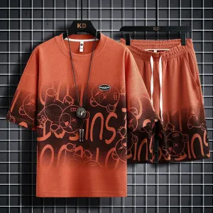 Men Plus Size Casual Sports Letters Print Waffle Short Sleeve Round Neck T-Shirt Shorts Set