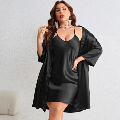 Women Plus Size Solid Color Simulation Silk Pajamas Set