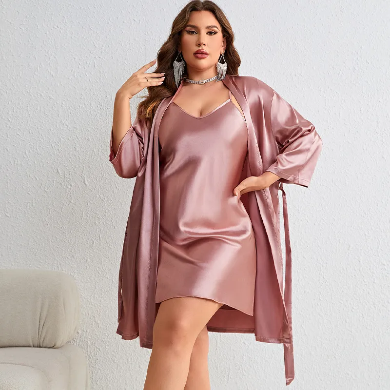 Women Plus Size Solid Color Simulation Silk Pajamas Set