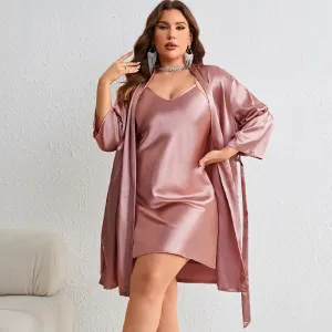 Women Plus Size Solid Color Simulation Silk Pajamas Set