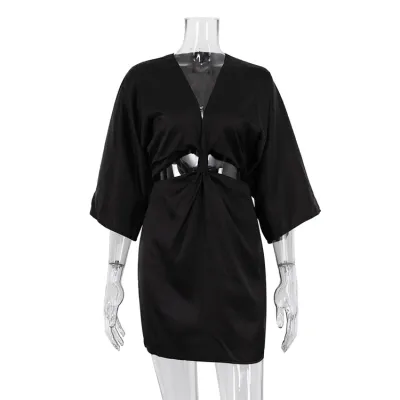 Women Fashion Sexy V-Neck Cutout Kink Satin Mini Dress