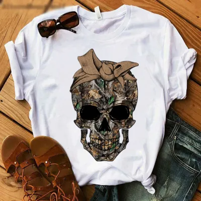 Women Casual Skull Chrysanthemum Print Short-Sleeved T-Shirt